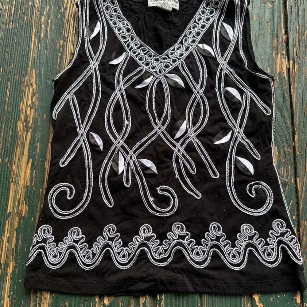 Lauren Michelle Black Silver Soutache Embroidered Leaf Tank Top Womens Medium